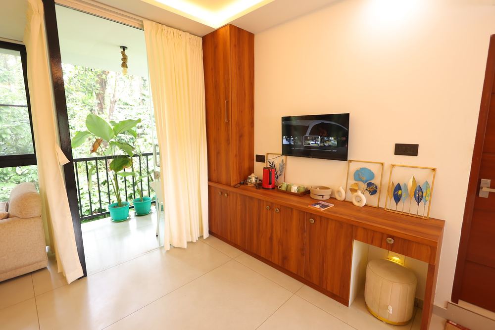 TV console beside open doors onto a balcony with potted plants